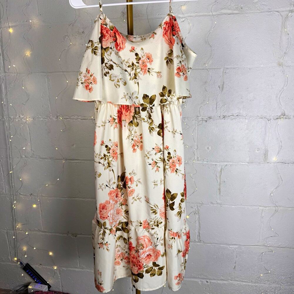 women’s M cream pink floral ruffle overlay tiered maxi dress spaghetti straps